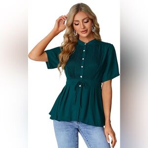 LYANER Crewneck Short Sleeve Pleated Button Front Tie Waist Ruffle Hem Shirt Top